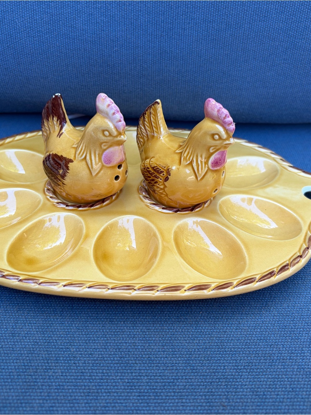 Yellow Ceramic Hen deviled Egg Tray with Pink-Accent Shaker Set